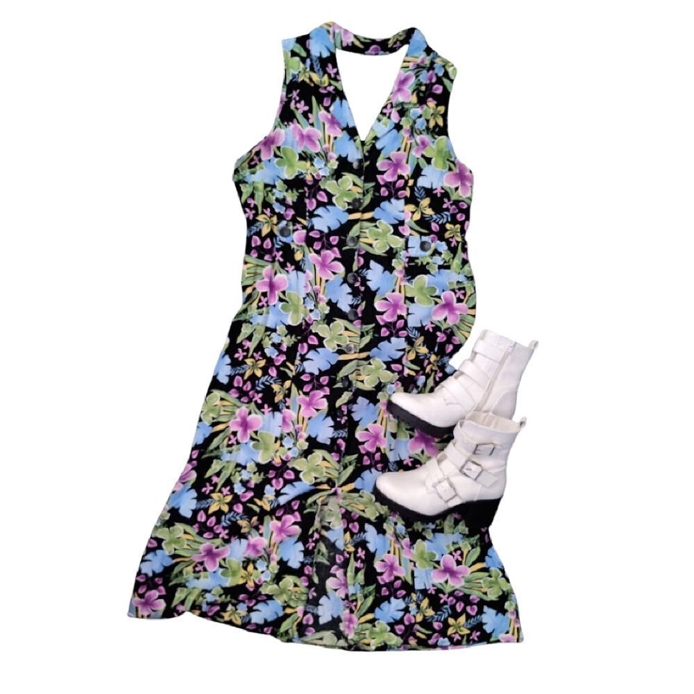 VTG 90s Colorful Tropical Sleeveless Button Front Midi Dress‎ *Large Gardencore